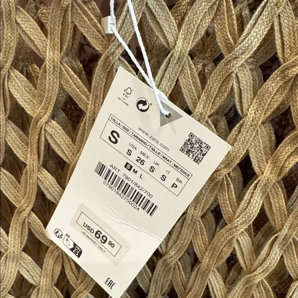 ZARA WOMEN MESH DRESS WITH FRING BEACH COVERUP Tan Crochet Small - Picture 10 of 13